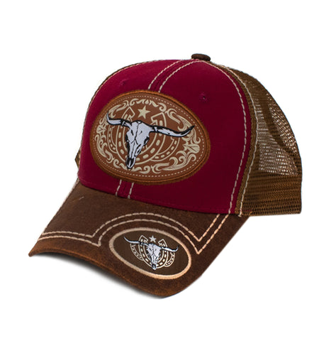 Long Horn Patch Baseball Cap, Red w/Brown Leather Bill