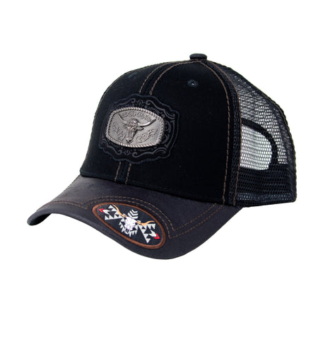 Mesh Metal Long Horn Logo Baseball Cap, Black Leather Bill