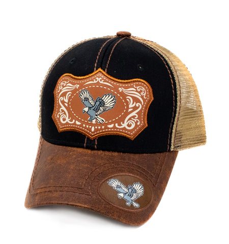 Eagle Patch Baseball Cap, Black w/Brown Leather Bill