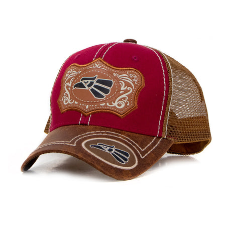 Mexican Eagle Patch Baseball Cap, Red w/Brown Leather Bill