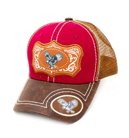 Eagle Patch Baseball Cap, Red w/Brown Leather Bill
