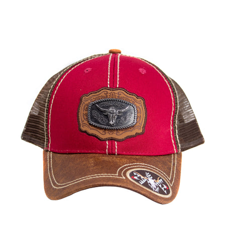 Mesh Metal Long Horn Logo Baseball Cap, Red Brown Leather Bill