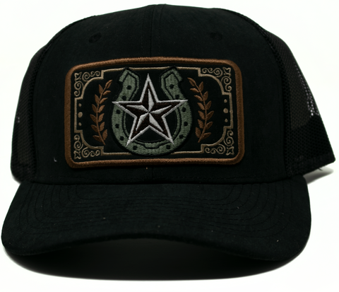 Baseball Cap Western Patch Horseshoe w/ Star, Black
