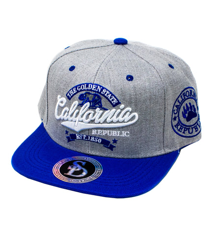 Snapback Cap - The Golden State California, Light Grey w/Royal Blue Brim