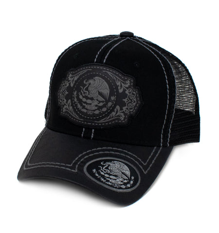 Mexico Coat of Arms Patch Baseball Cap, Black w/Black Leather Bill