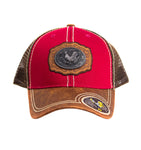 Mesh Metal Rooster Logo Baseball Cap Red, Brown Leather Bill