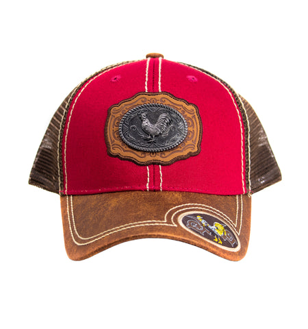 Mesh Metal Rooster Logo Baseball Cap Red, Brown Leather Bill