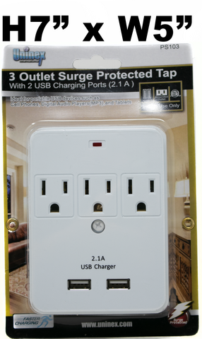 3 Outlet Surge Protected Tap w/2 USB Charging Ports