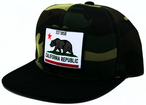 Snapback Cap Est 1850 California Republic Square Patch, Camo w/Black Brim