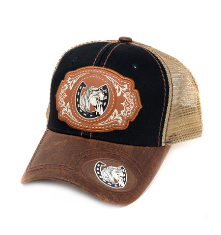 Horse Patch Baseball Cap, Black w/Brown Leather Bill