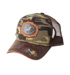 Mesh Metal Rooster Logo Baseball Cap Camo, Brown Leather Bill