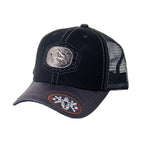 Mesh Metal Bull Logo Baseball Cap, Black Leather Bill