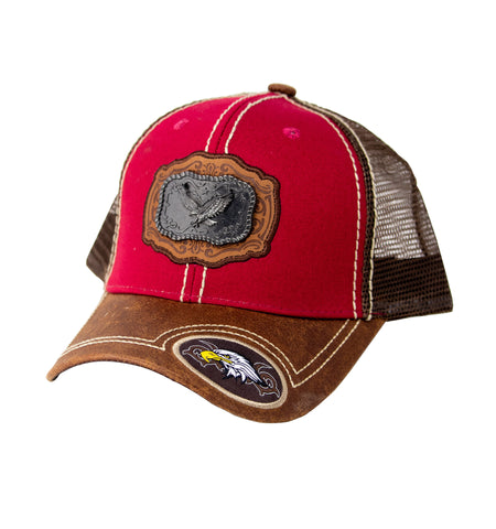 Mesh Metal Eagle Logo Baseball Cap Red, Brown Leather Bill