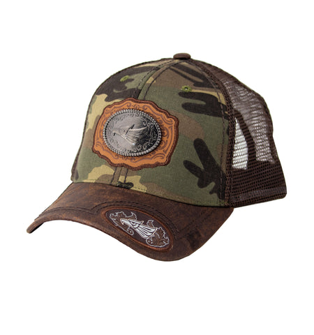 Mesh Metal Mexican Eagle Logo Baseball Cap Camo, Brown Leather Bill