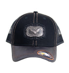 Mesh Metal Eagle Logo Baseball Cap Black, Black Leather Bill