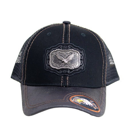 Mesh Metal Eagle Logo Baseball Cap Black, Black Leather Bill