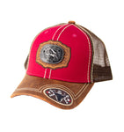 Mesh Metal Bull Logo Baseball Cap, Red Brown Leather Bill