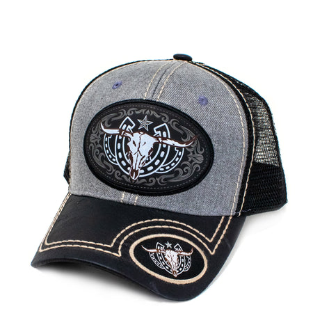 Long Horn Patch Baseball Cap, Light Grey w/Black Leather Bill