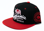 Snapback Cap - Cursive California Republic Bear Black w/Red Brim