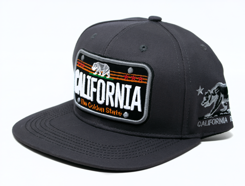 Snapback Cap -  California The Golden State License Plate Patch, Dark Grey