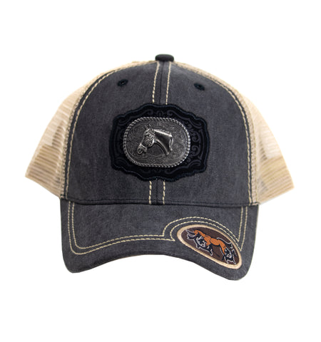 Mesh Metal Horse Logo Baseball Cap, Faded Black