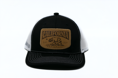 Snapback Cap California Faux Leather Patch Trucker, Black w/White Mesh