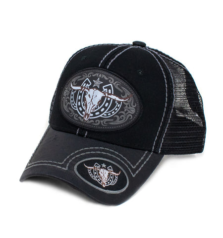 Long Horn Patch Baseball Cap, Black w/Black Leather Bill