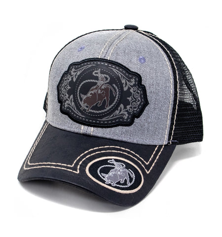 Bull Rider Patch Baseball Cap, Light Grey w/Black Leather Bill