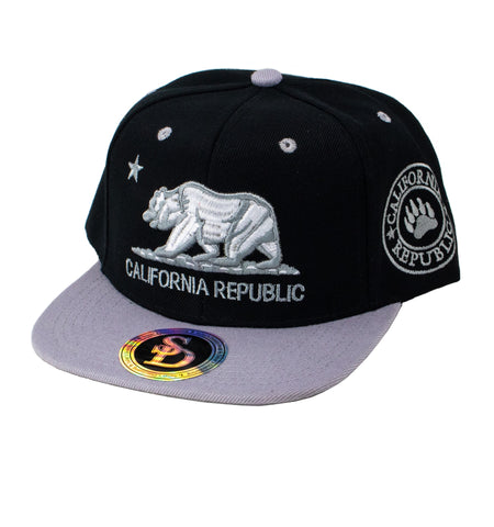 Snapback Cap - California Republic Bear, Black w/Grey Brim