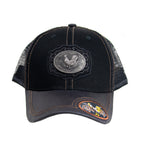 Mesh Metal Rooster Logo Baseball Cap Black, Black Leather Bill