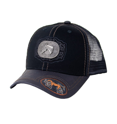 Mesh Metal Horse Logo Baseball Cap, Black Leather Bill