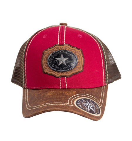 Mesh Metal Star Logo Baseball Cap Red, Brown Leather Bill