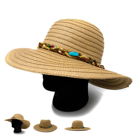 Ladies Straw Hat w/Bead Trim- O/S