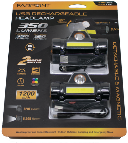 Farpoint Rechargeable Headlamp 350 Lumens, 2Pk