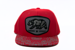 Snapback Cap -  Cali Bear Patch w/Bandana Print Brim, Red