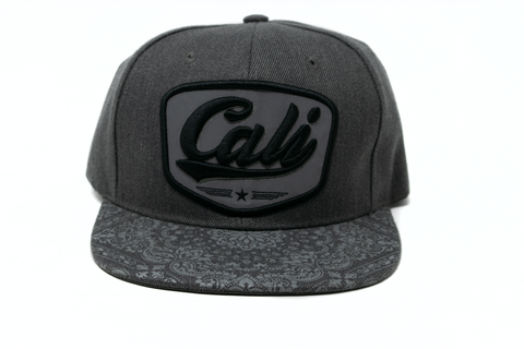 Snapback Cap -  Cali Patch w/Bandana Print Brim, Dark Grey