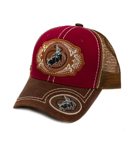 Bull Rider Patch Baseball Cap, Red w/Brown Leather Bill