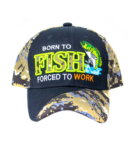 Baseball Cap - Born to Fish Forced to Work, Black Digi Camo