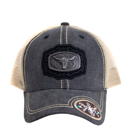 Mesh Metal Long Horn Logo  Baseball Cap, Faded Black