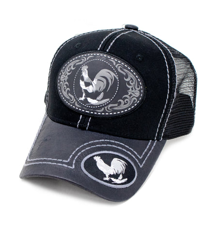 Rooster Patch Baseball Cap, Black w/Black Leather Bill