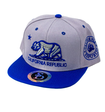 Snapback Cap - California Republic Bear, Grey w/Royal Blue Bill