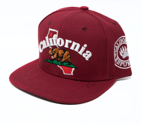 Snapback Cap - California Bear on State Outline, Burgundy