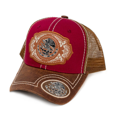 Mexico Coat of Arms Patch Baseball Cap, Red w/Brown Leather Bill