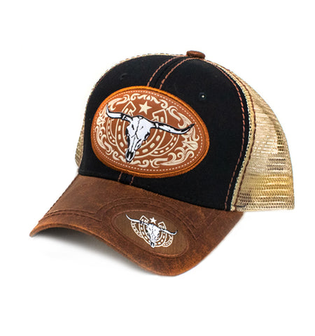 Long Horn Patch Baseball Cap, Black w/Brown Leather Bill