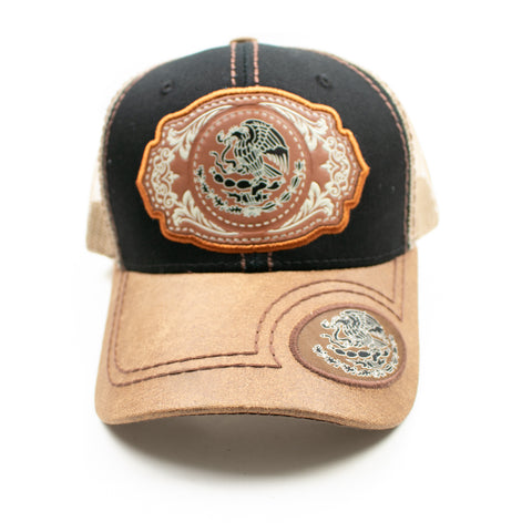 Mexico Coat of Arms Patch Baseball Cap, Black w/Brown Leather Bill