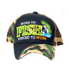 Baseball Cap - Born to Fish Forced to Work, Black Green Camo