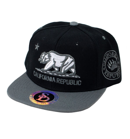 Snapback Cap - California Republic Bear, Black w/Dark Grey Bill