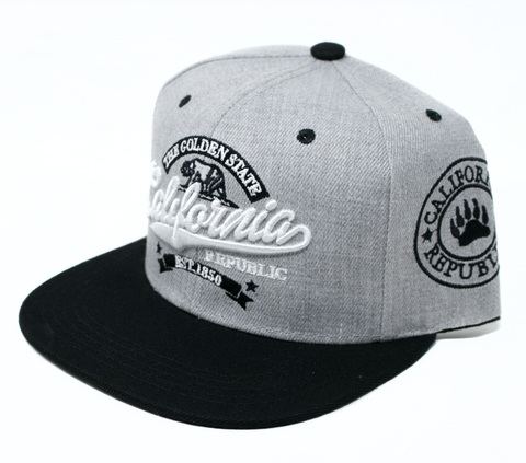 Snapback Cap - The Golden State California, Light Grey w/Black Brim