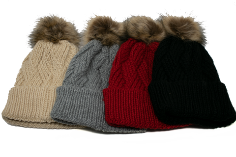 Beanie Pom - Cross Hatch w/Faux Fur Pom, Asst'd Colors