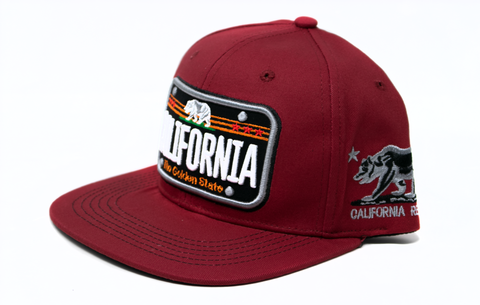 Snapback Cap -  California The Golden State License Plate Patch, Burgundy